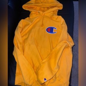 Champion Reverse Weave Big Logo Hoodie Yellow Mens Size Large L Heavyweight